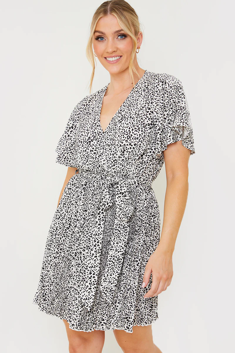 Animal Print Pleated Wrap Mini Dress