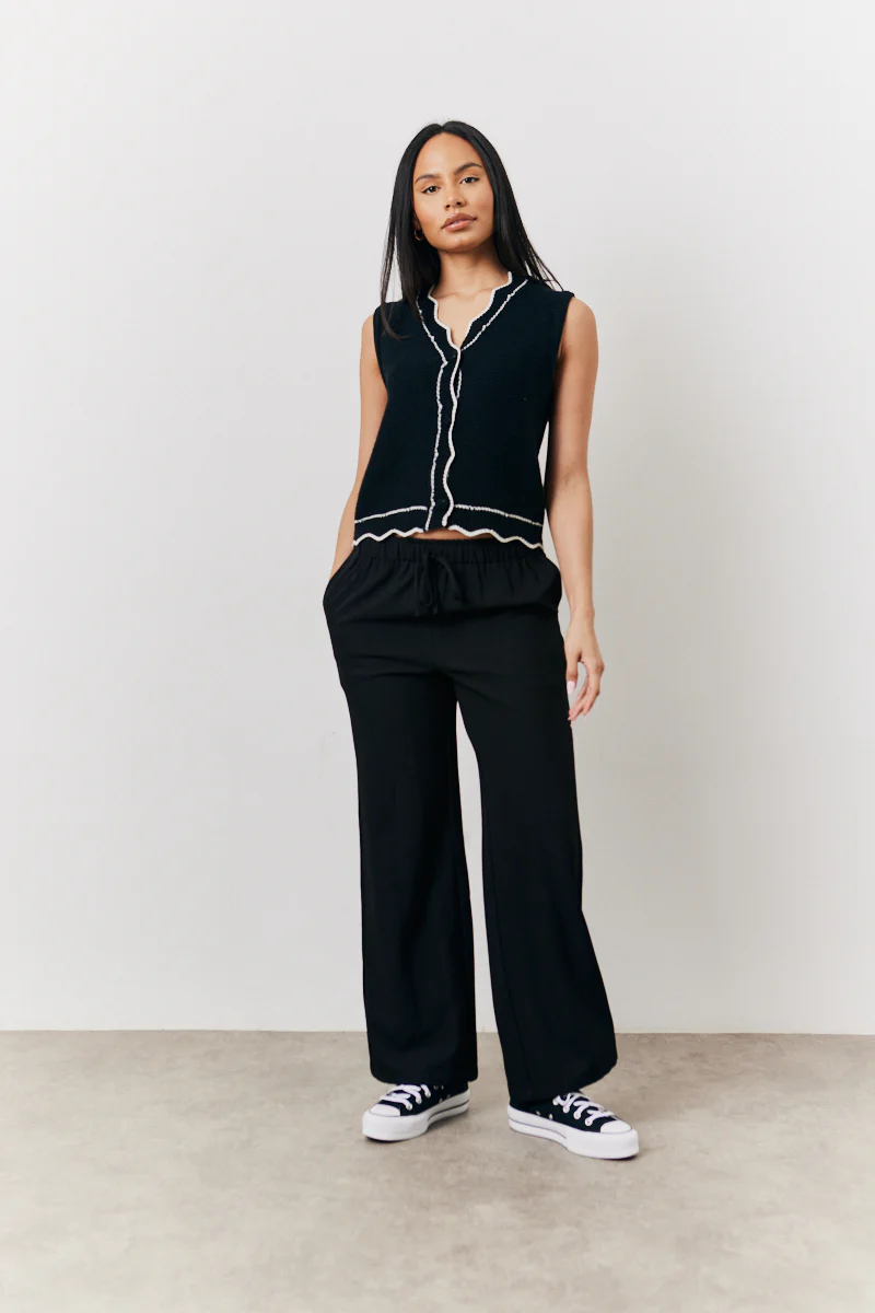 Black Knitted Contrast Scallop Edge Waistcoat