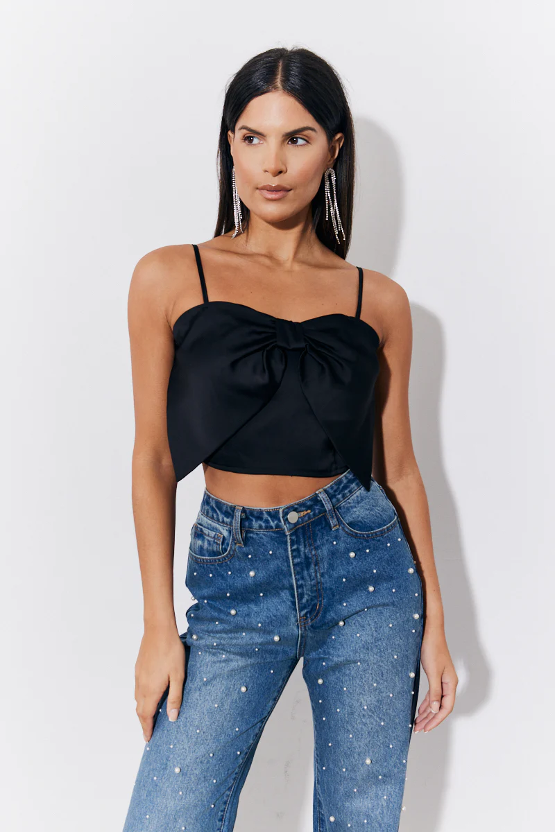 Black Satin Bow Detail Cami Top