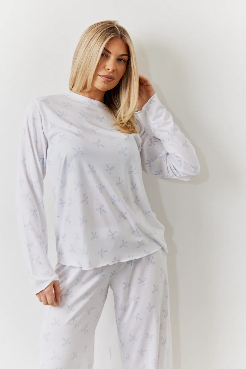 White Bow Print Long Sleeve Top and Trouser PJ Set - Image 2