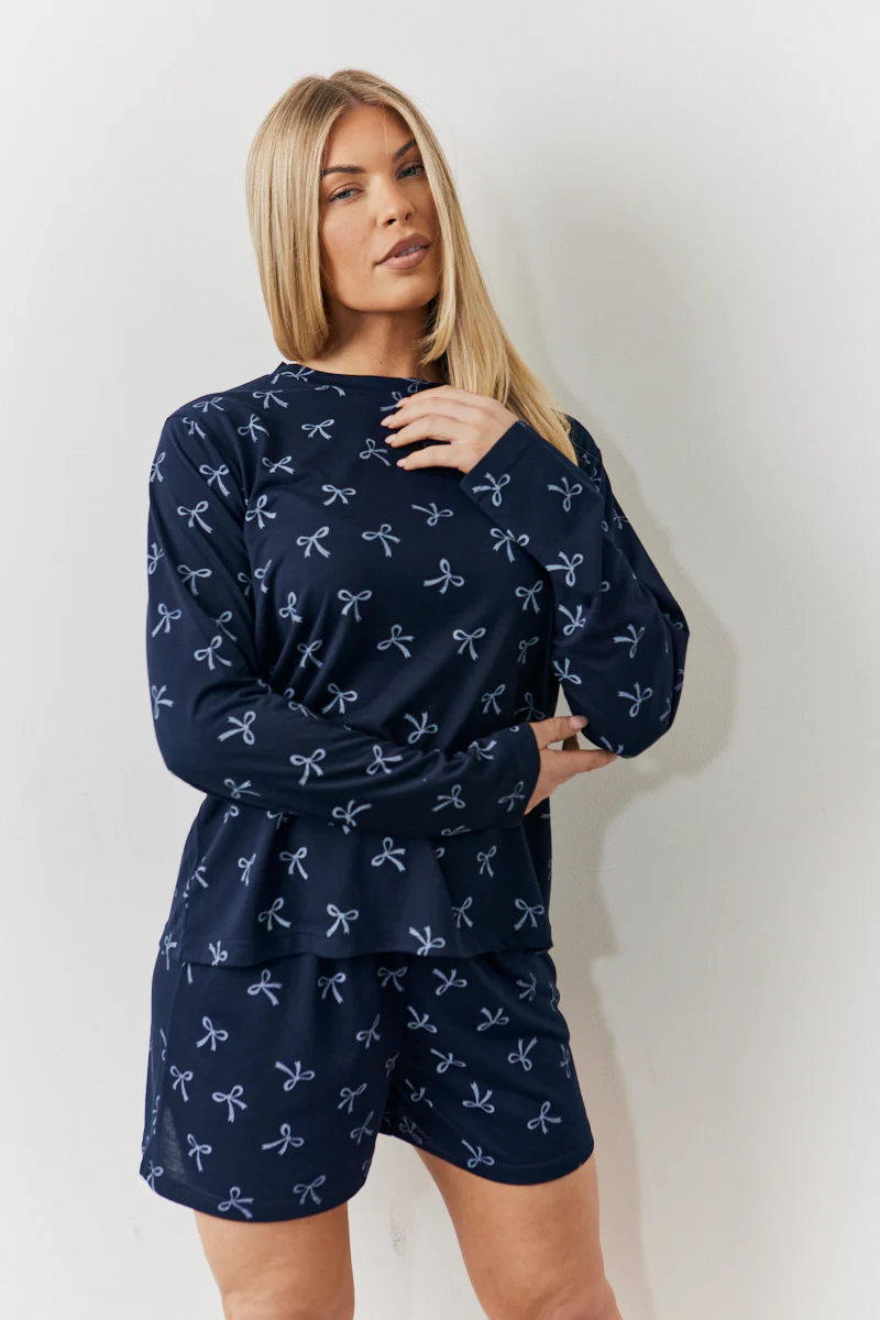 Bow Print Long Sleeve and Short PJ Set - Image 2