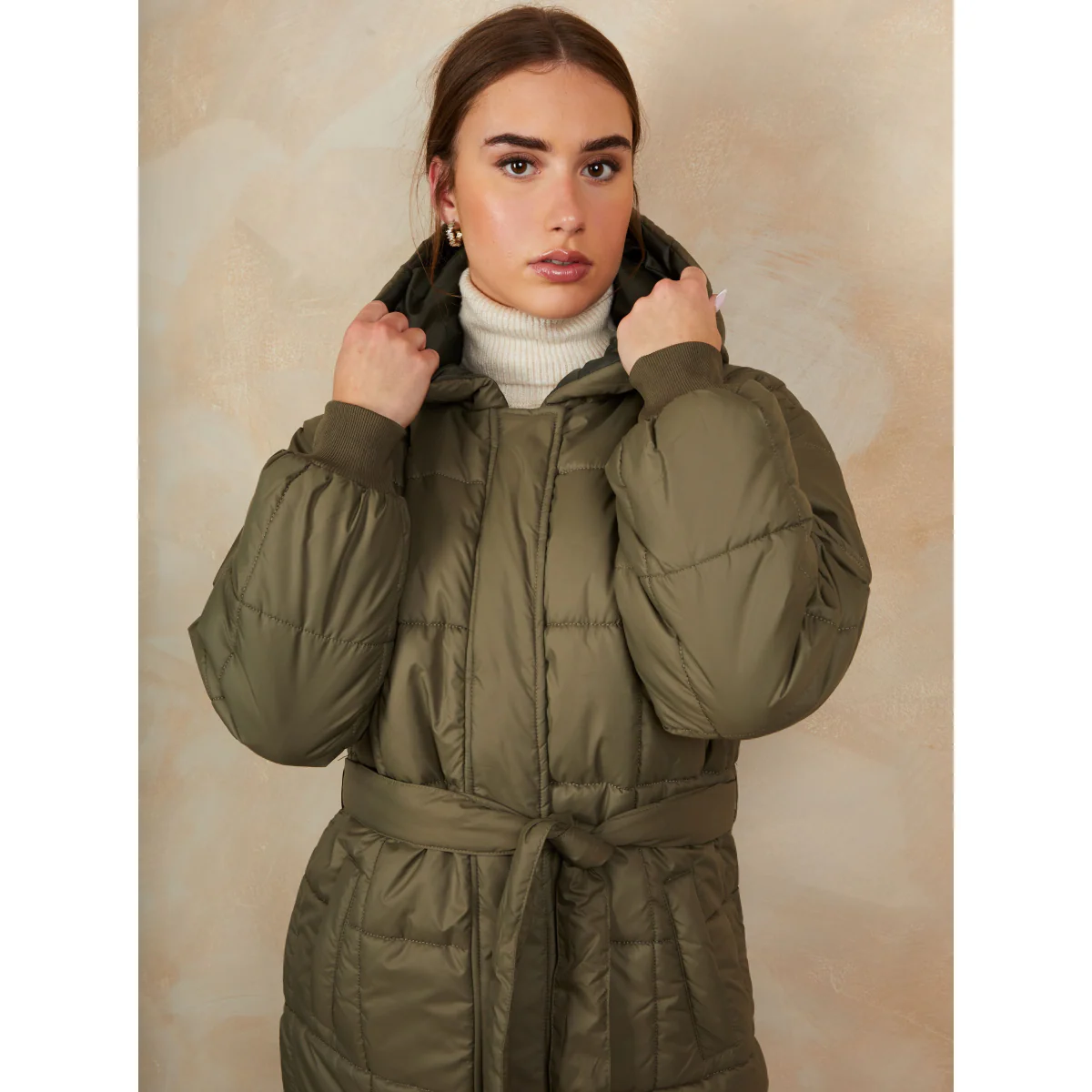Check Padded Longline Belted Coat in Khaki - Image 2