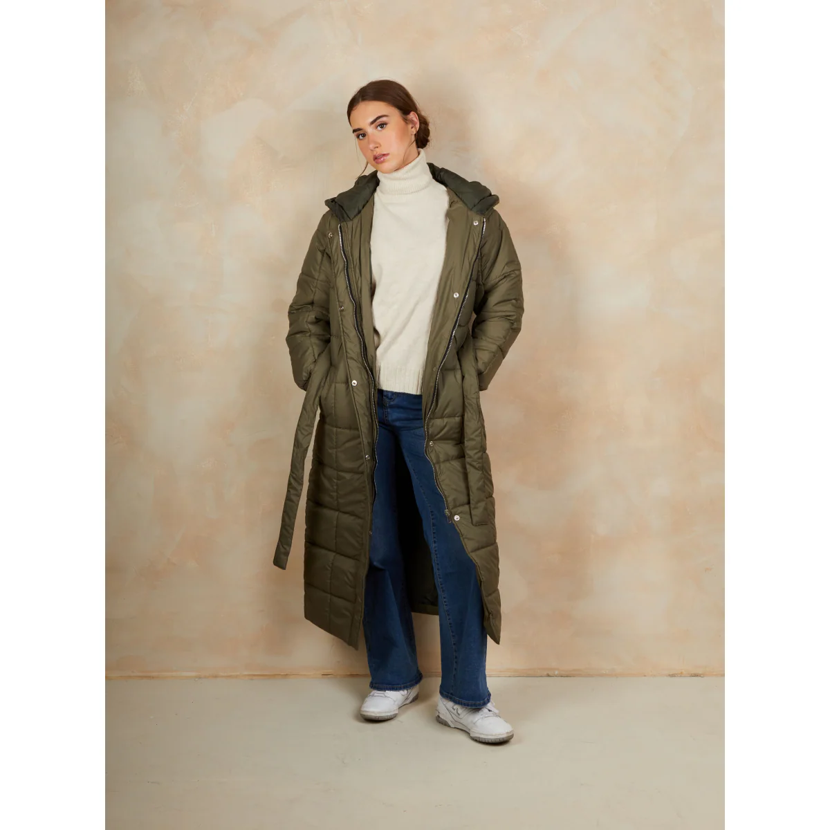 Check Padded Longline Belted Coat in Khaki - Image 3