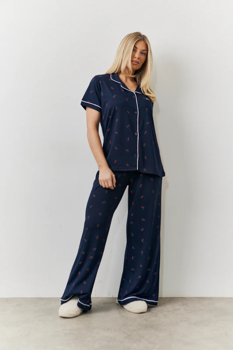 Navy Cherry Print Shirt and Trouser PJ Set
