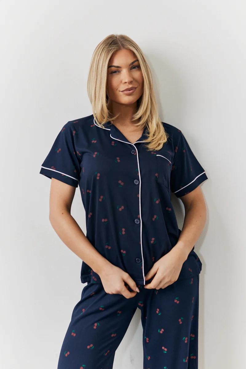 Navy Cherry Print Shirt and Trouser PJ Set - Image 2