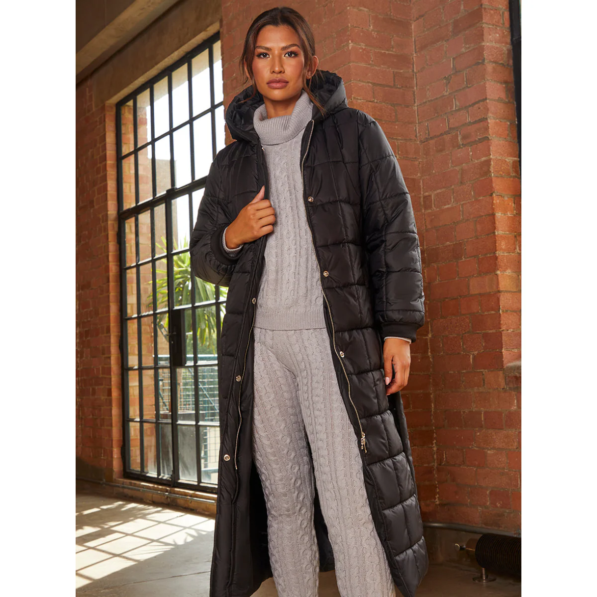 Chi Chi London Check Padded Longline Belted Coat in Black - Image 2