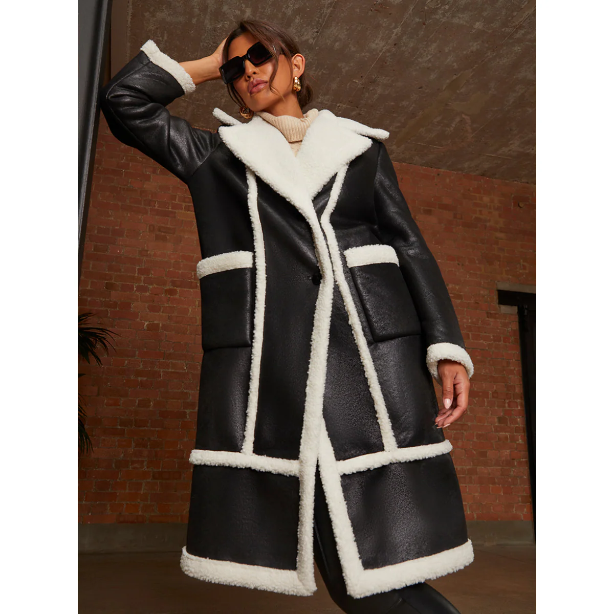Chi Chi London Contrast Trim Borg Coat in Black - Image 2