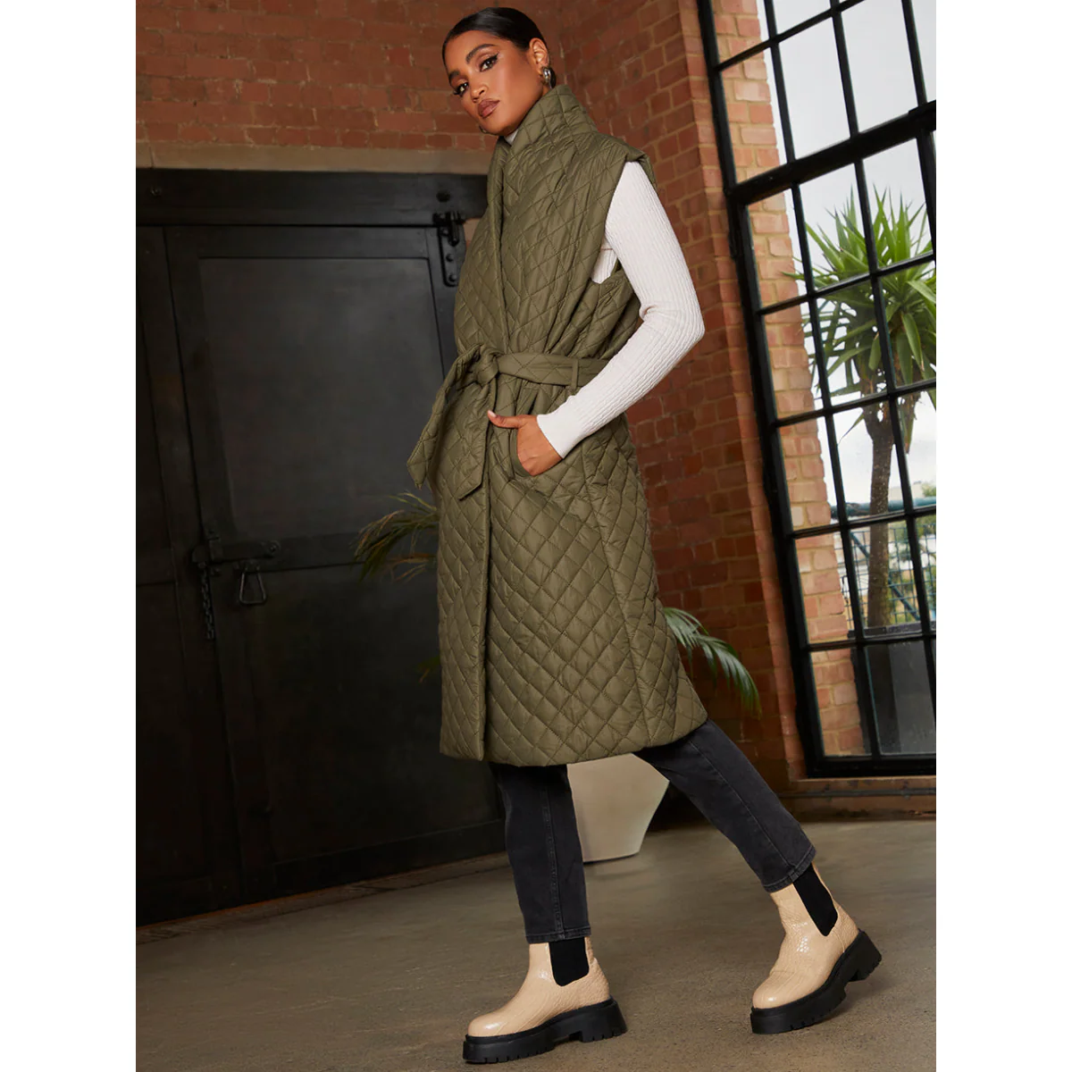 Chi Chi London Diamond Quilted Longline Belted Gilet in Khaki - Image 2