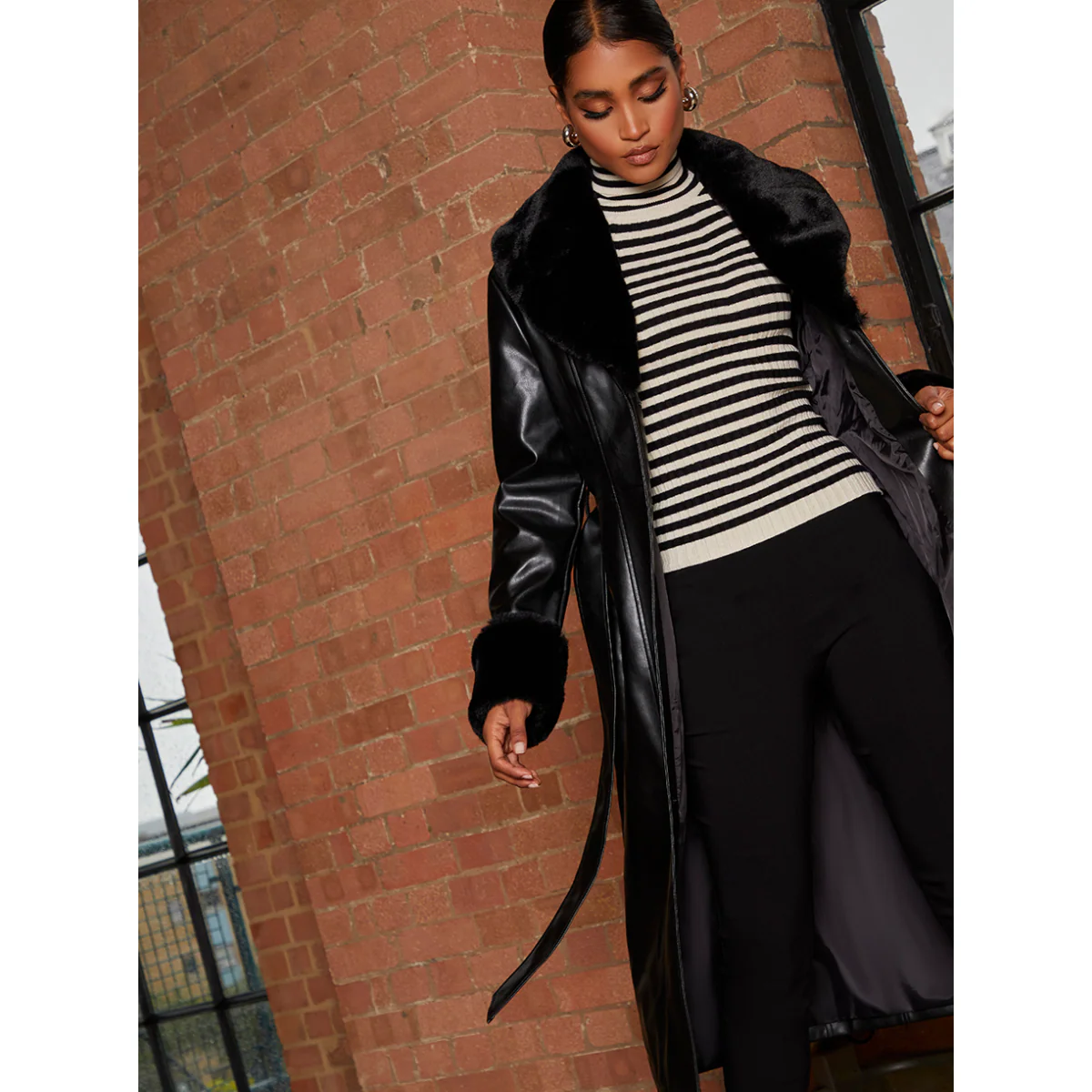 Chi Chi London Faux Leather Longline Coat with Faux Fur Trim in Black - Image 4