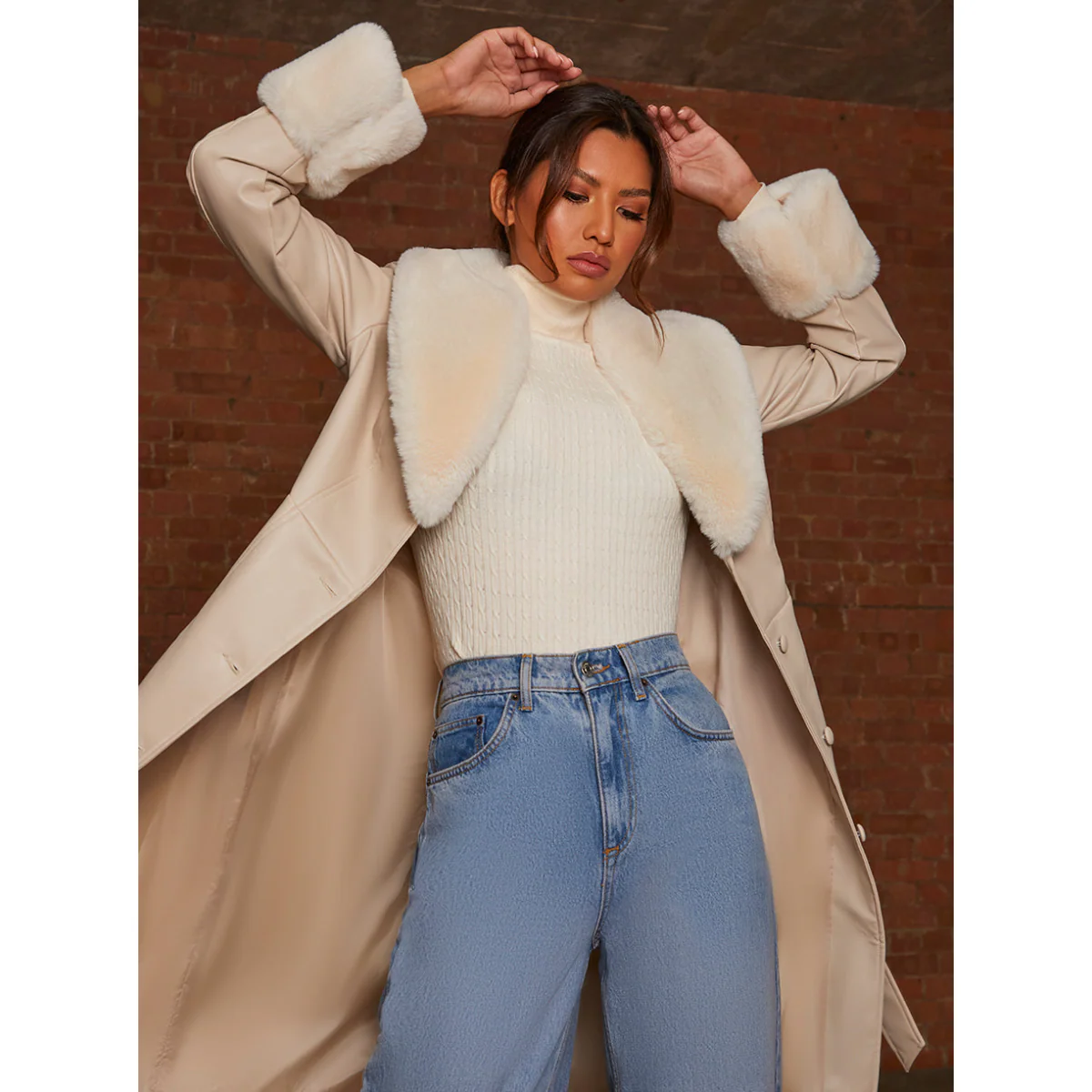 Chi Chi London Faux Leather Longline Coat with Faux Fur Trim in Taupe - Image 3