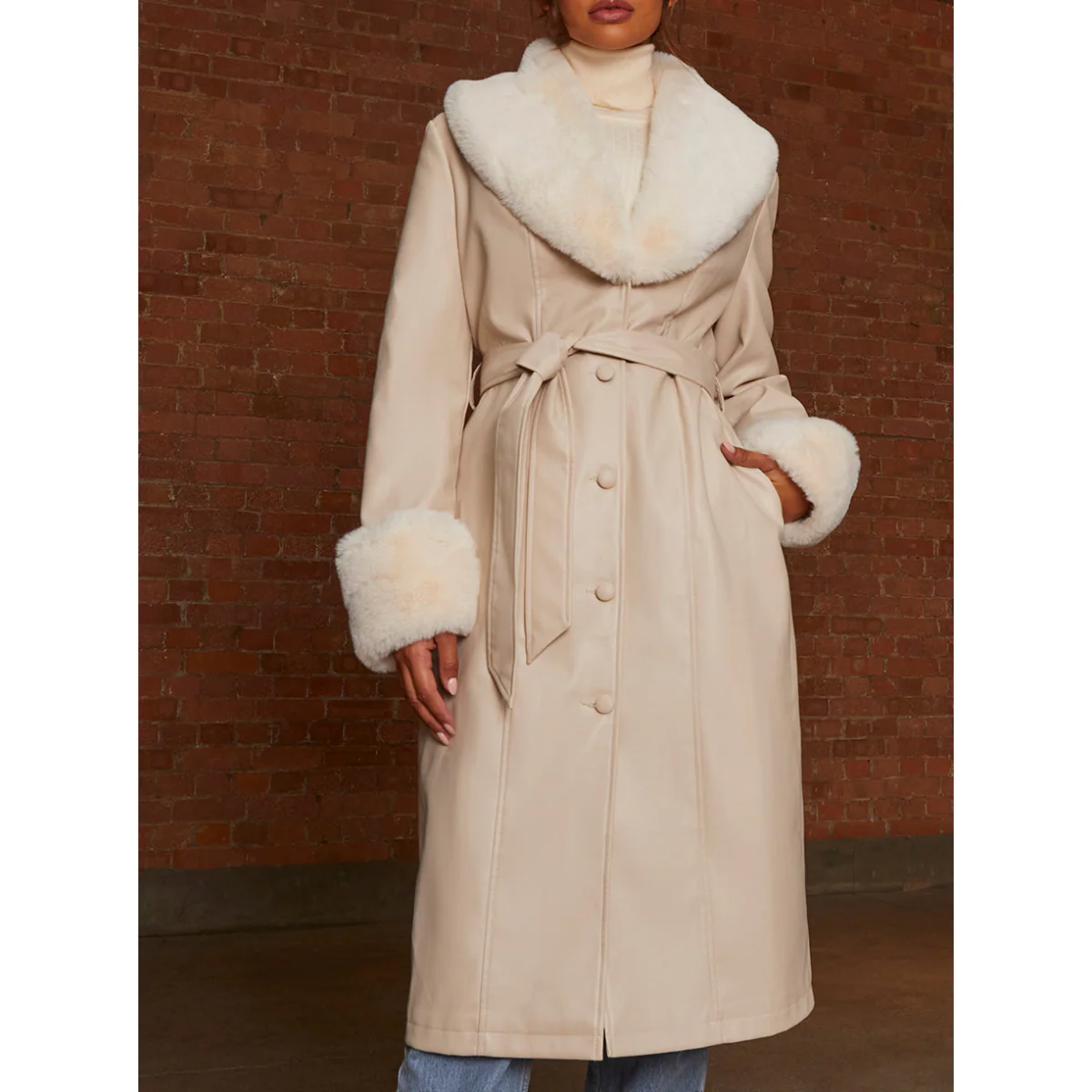 Chi Chi London Faux Leather Longline Coat with Faux Fur Trim in Taupe - Image 5
