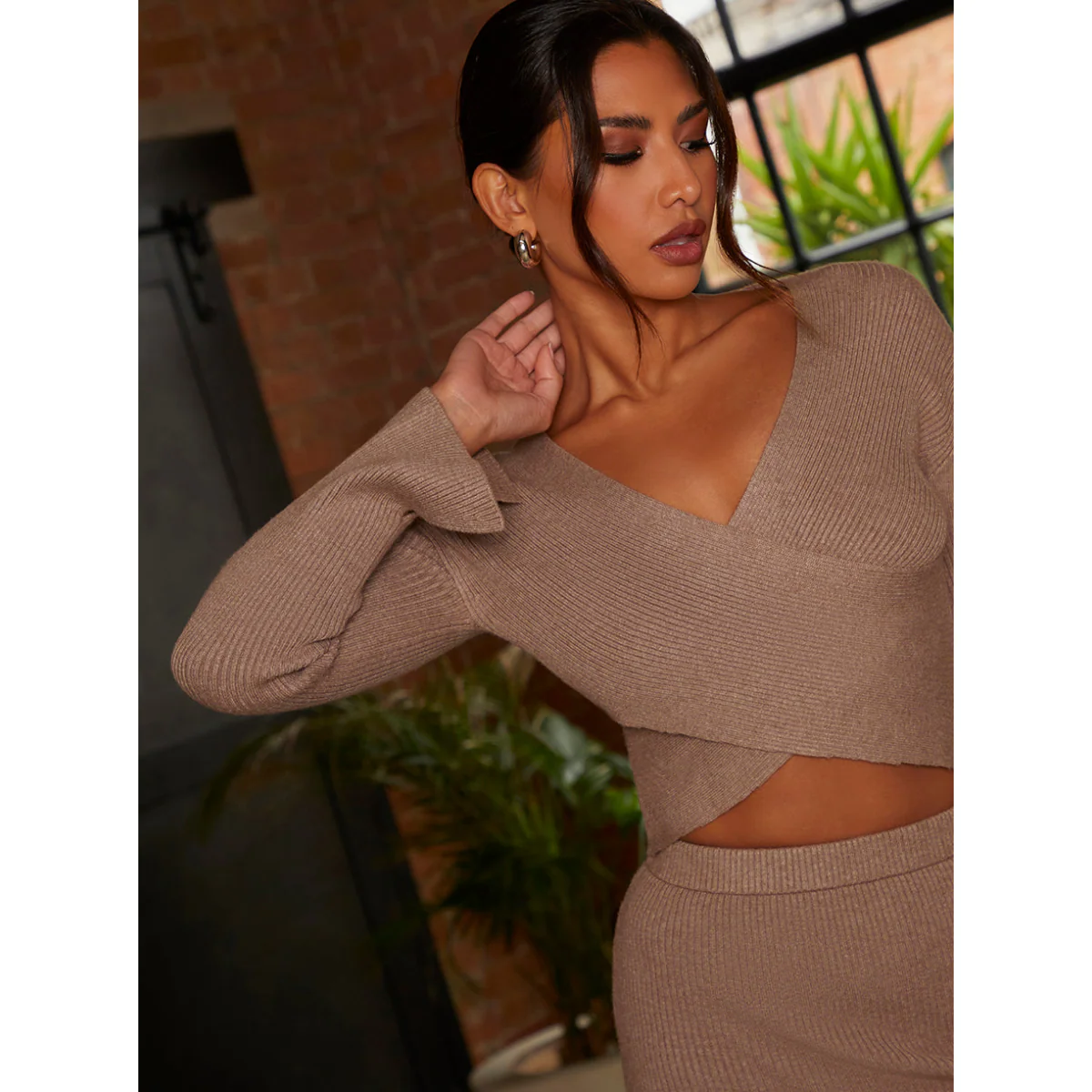 Chi Chi London Flute Sleeve Wrap Detail Rib Knit Top in Mocha - Image 3