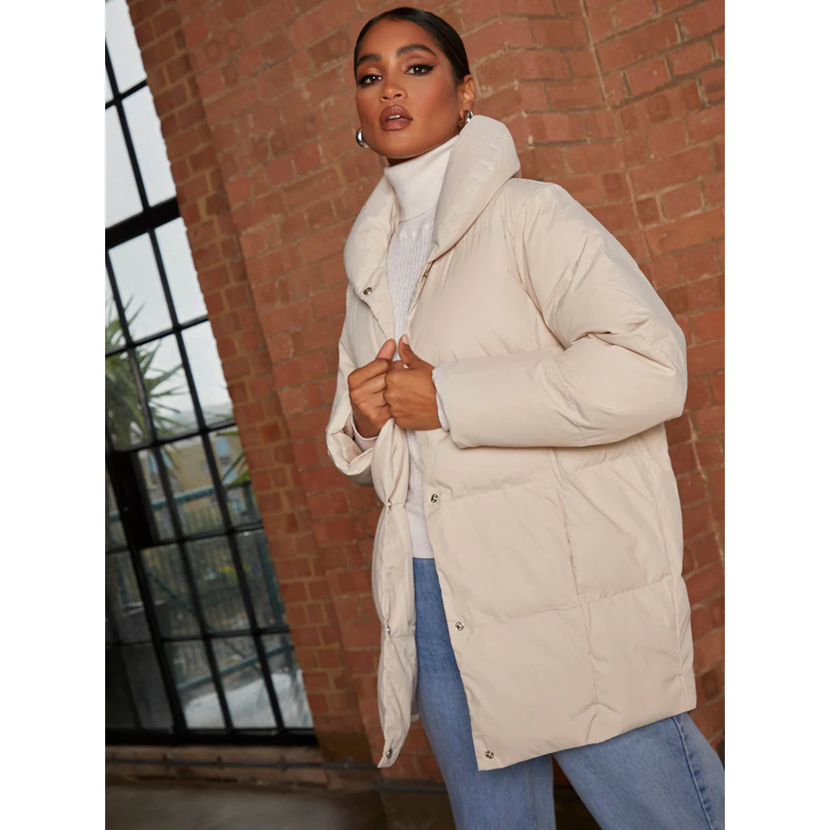 Chi Chi London Padded Puffer Coat in Cream - Image 2