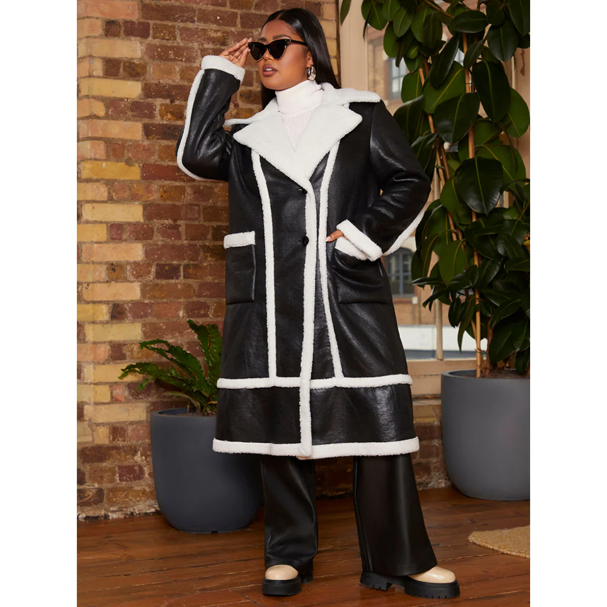 Chi Chi London Plus Size Contrast Trim Belted Shearling Coat in Black - Image 2