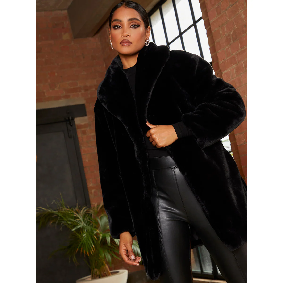 Chi Chi London Plush Faux Fur Coat in Black - Image 2