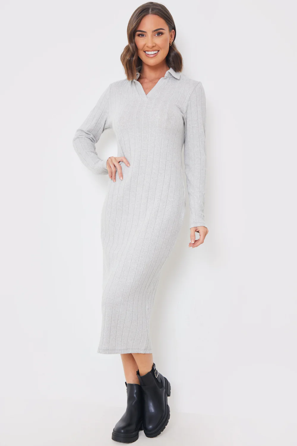 Collared Brushed Rib Midi Dress