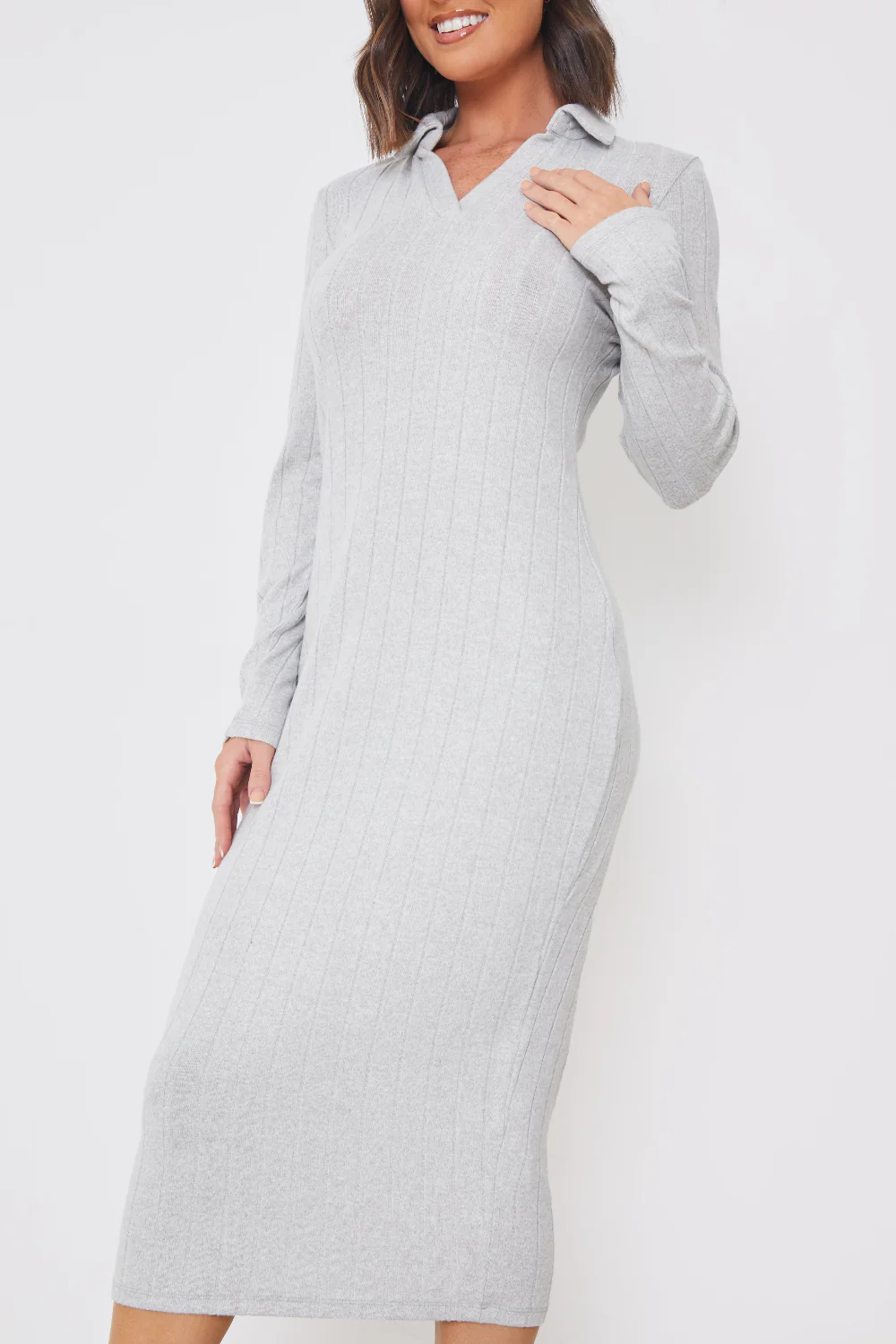 Collared Brushed Rib Midi Dress - Image 2
