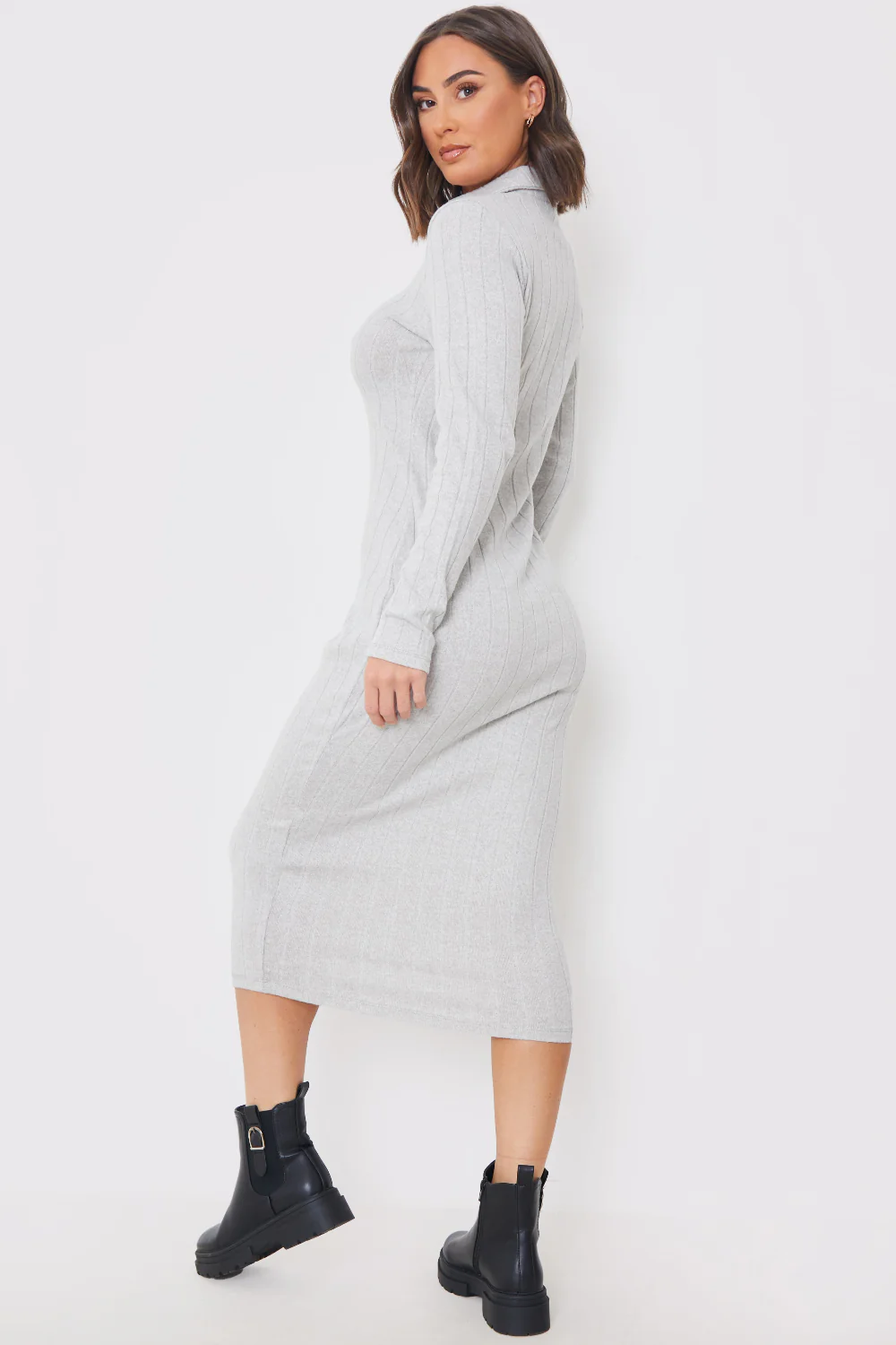 Collared Brushed Rib Midi Dress - Image 3