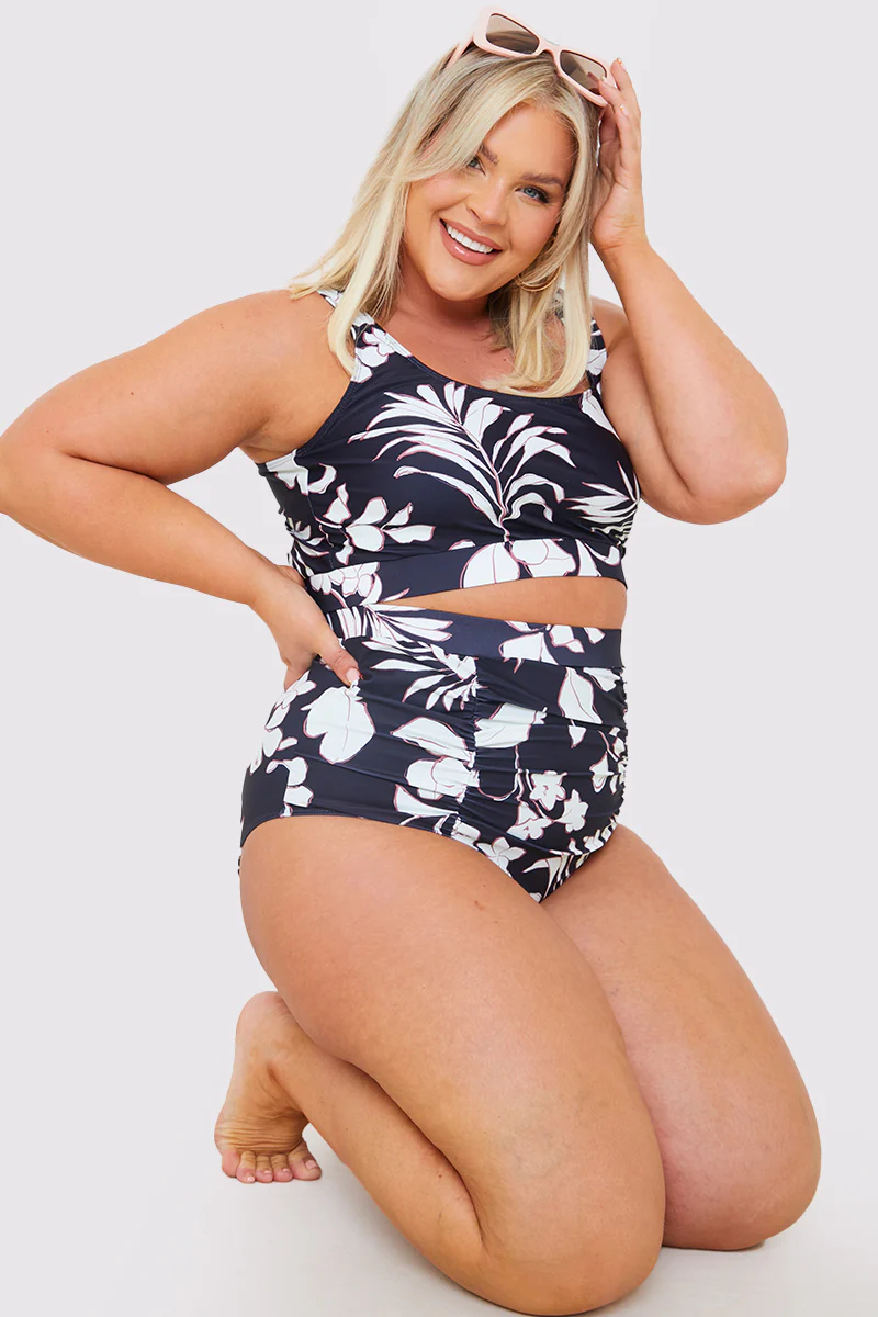 Control Floral Print Ruched High Waisted Bottoms