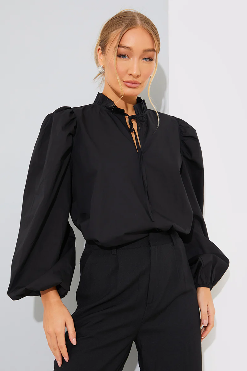 Cotton Puff Sleeve Tie Front Blouse - Image 11