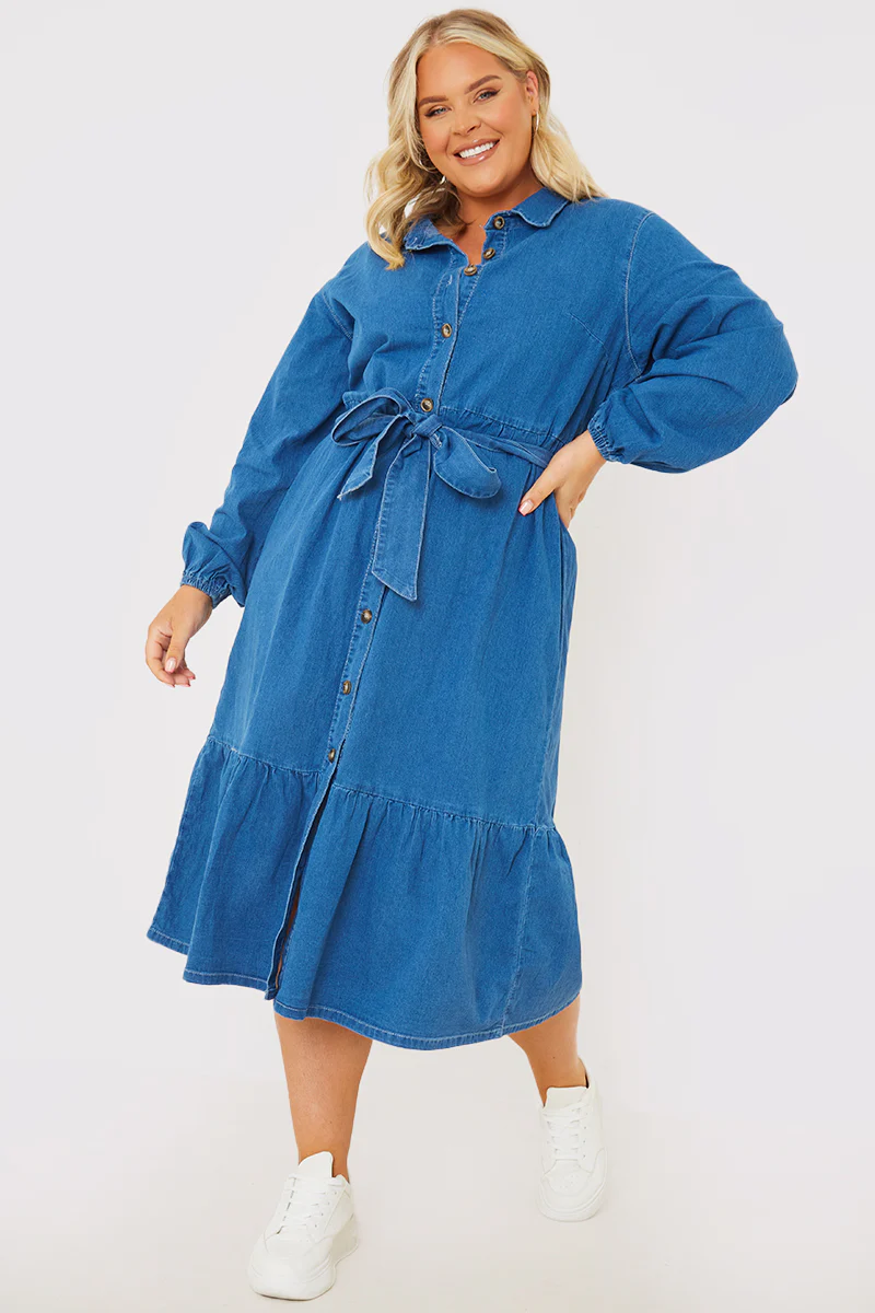 Denim Belted Tiered Midaxi Shirt Dress - Image 6