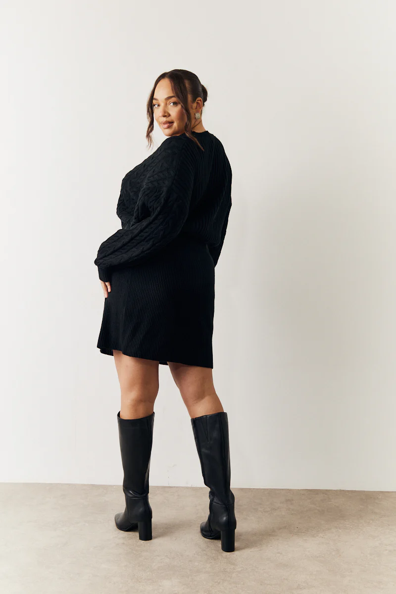 Black Cable Knitted Diamante Button Mini Dress - Image 2