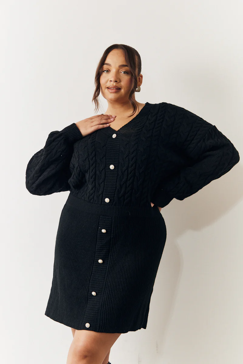 Black Cable Knitted Diamante Button Mini Dress - Image 3