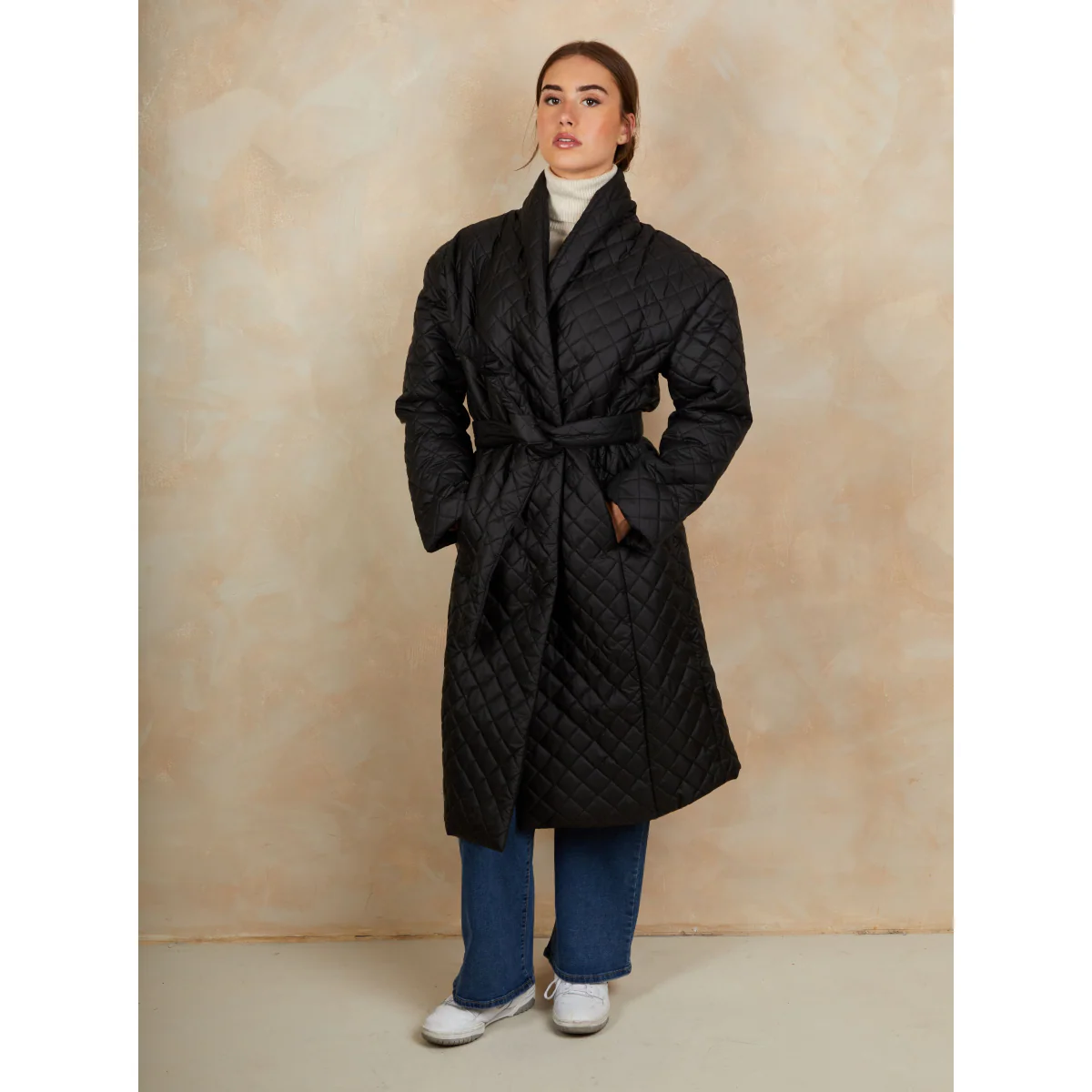 Diamond Quilted Longline Belted Coat in Black - Image 2