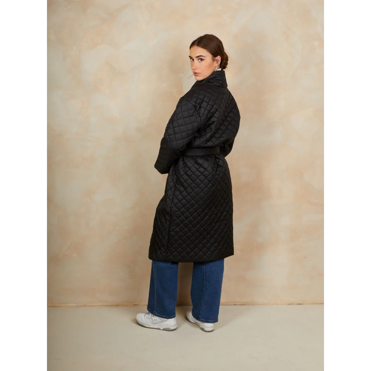 Diamond Quilted Longline Belted Coat in Black - Image 5