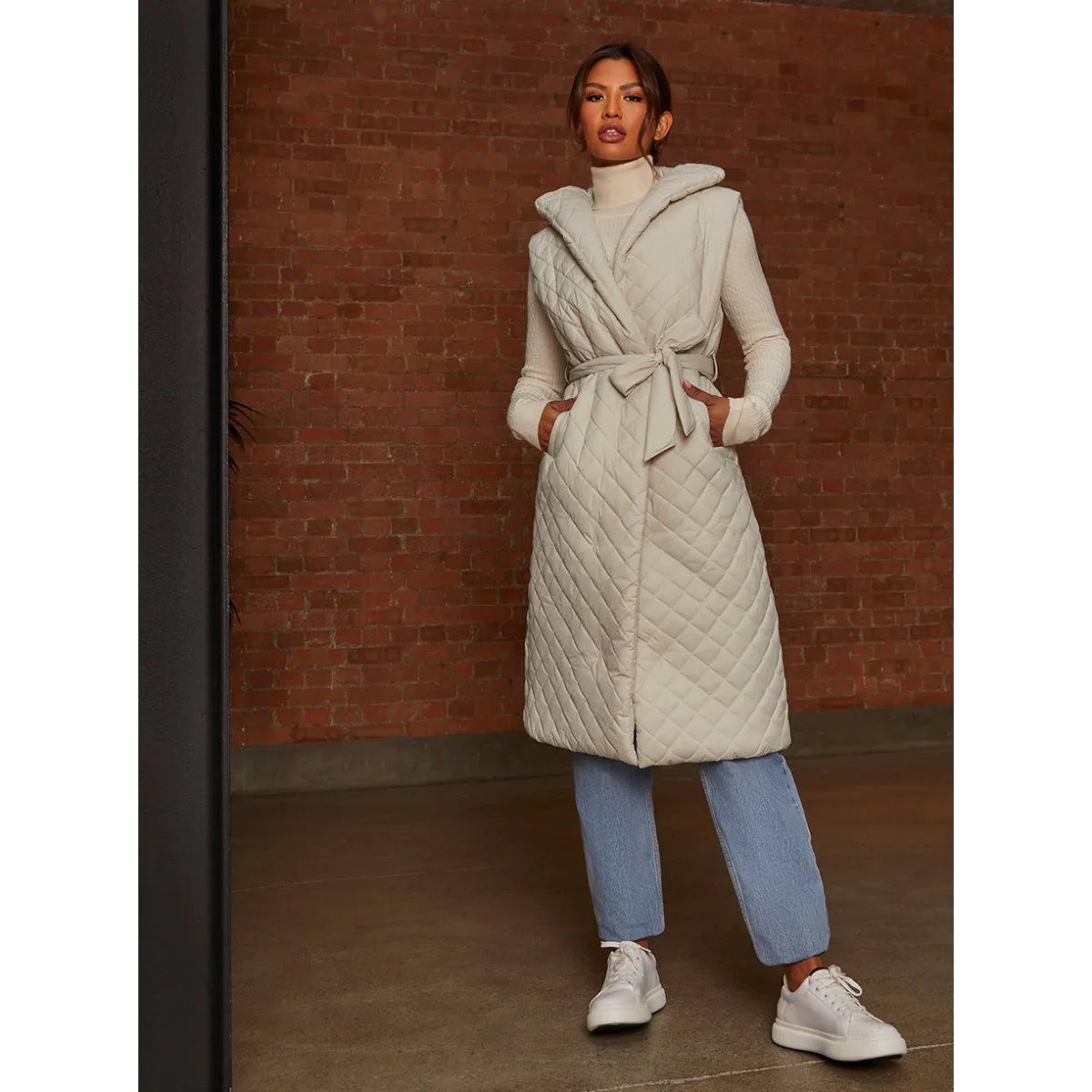Diamond Quilted Longline Belted Gilet in Cream