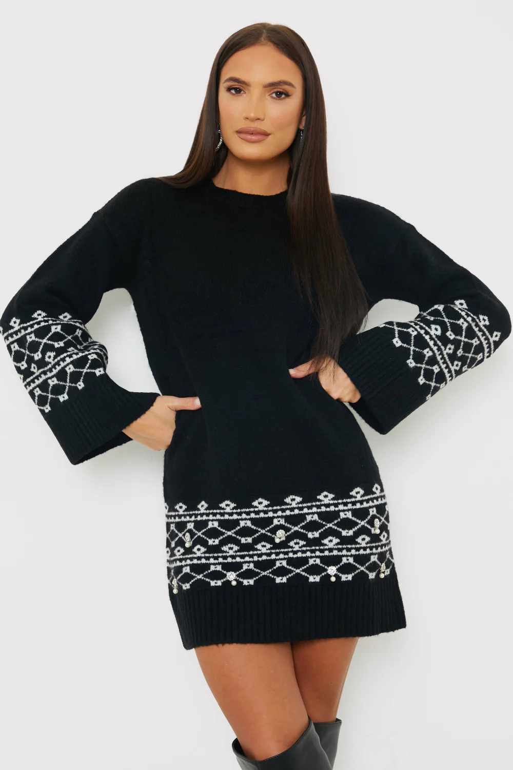 Fairisle Sleeve Detail Knit Mini Dress - Image 2