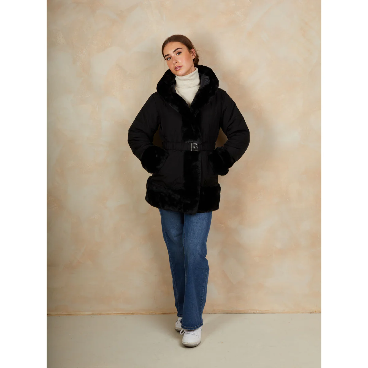 Faux Fur Belted Padded Coat in Black - Image 2