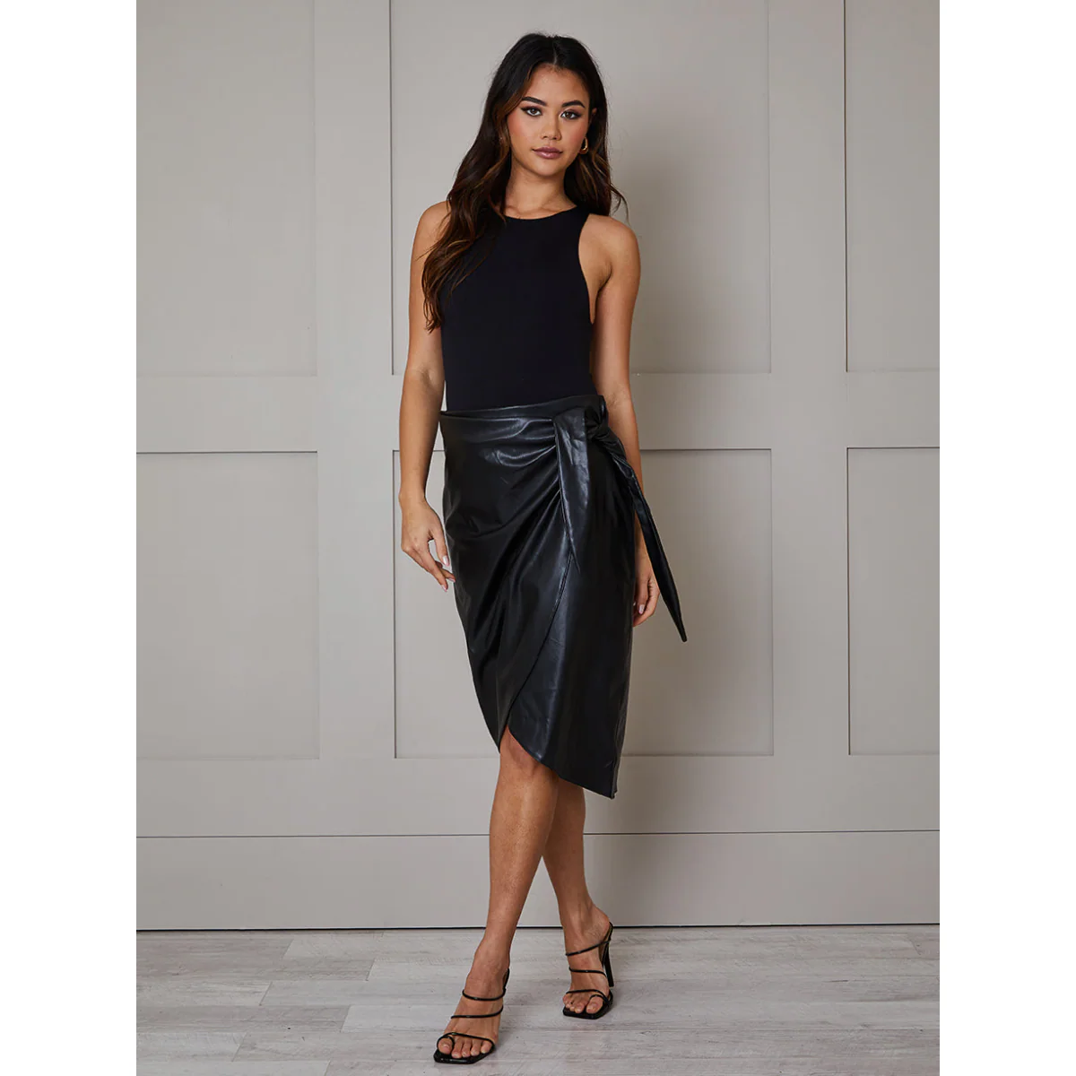 Faux Leather Wrap Midi Skirt in Black - Image 2