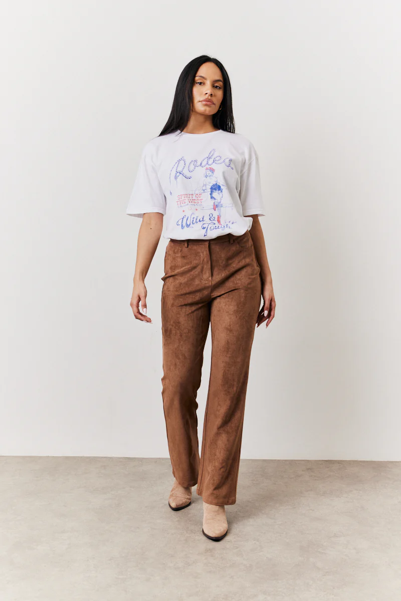 Tan Faux Suede Straight Leg Trouser