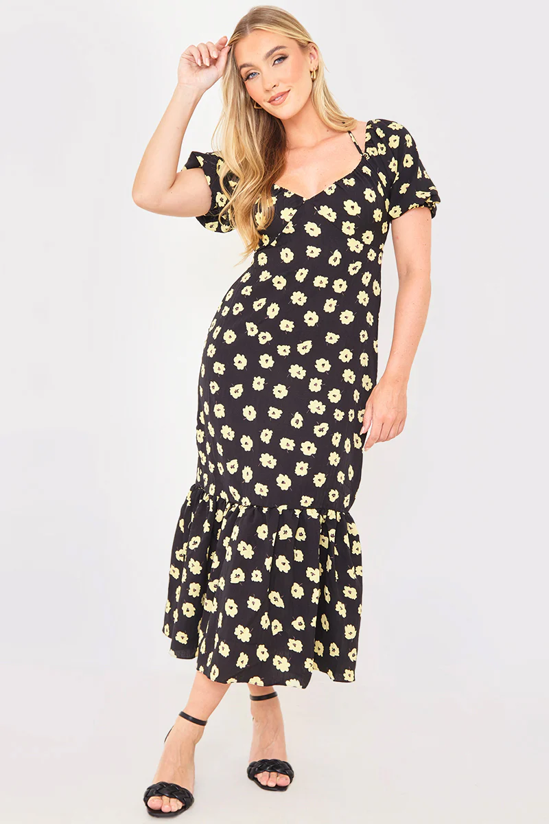 Floral Plunge Short Sleeve Midi Dress