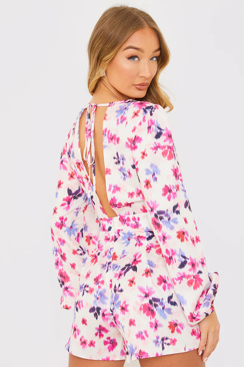 Floral Print Twist Front Balloon Sleeve Playsuit - Image 4