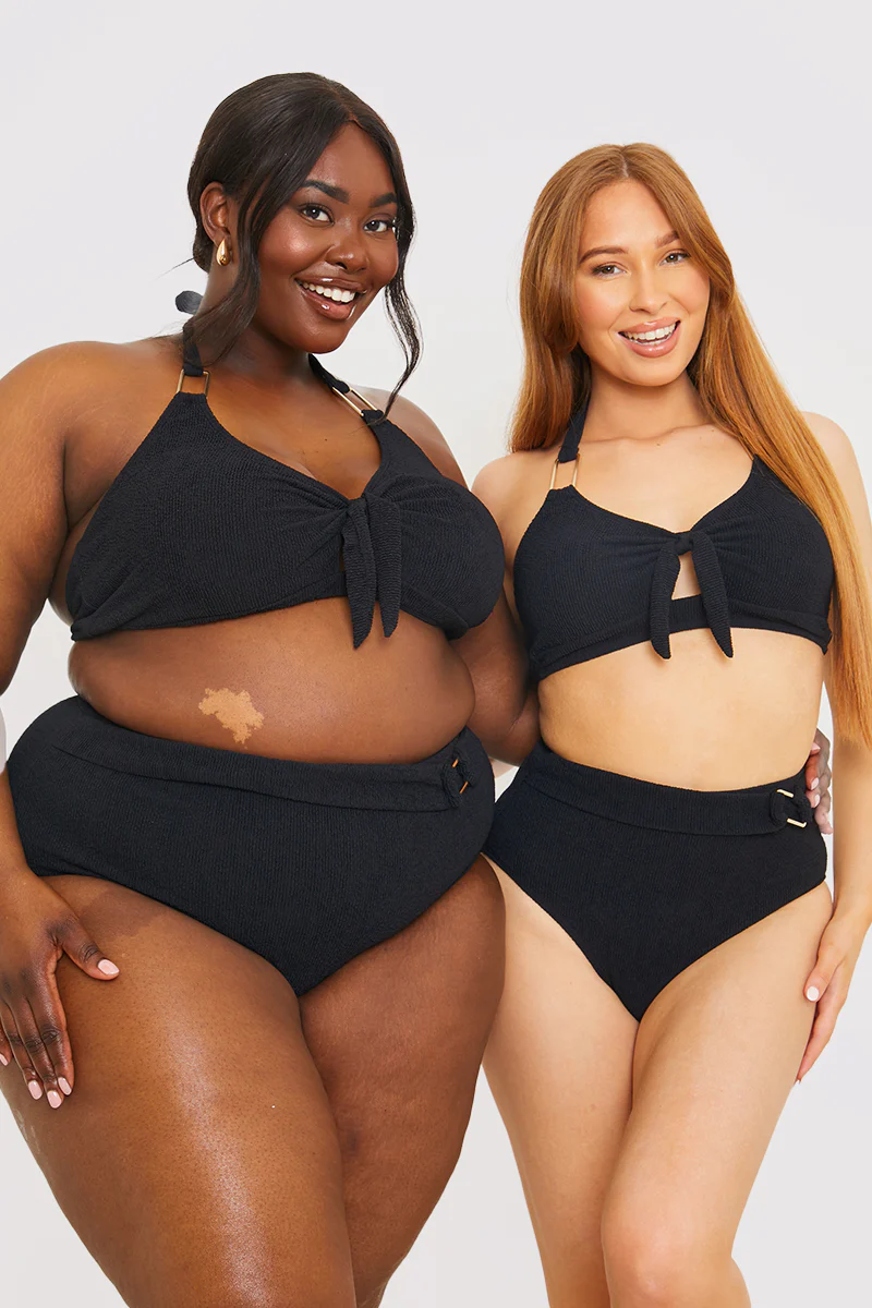 Control Textured Gold Bar Detail High Waisted Bikini Bottom - Image 2