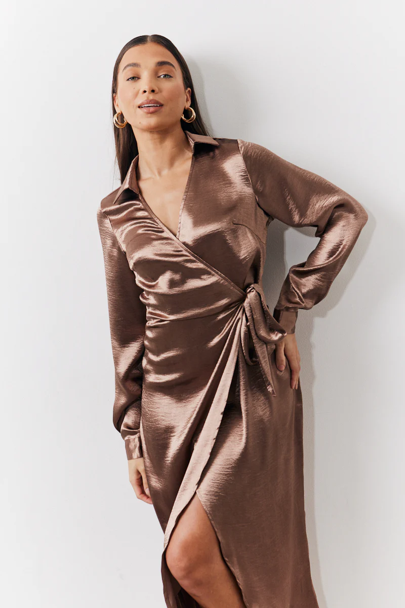 Bronze Liquid Satin Wrap Midaxi Dress - Image 2