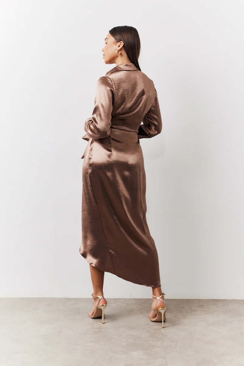 Bronze Liquid Satin Wrap Midaxi Dress - Image 3