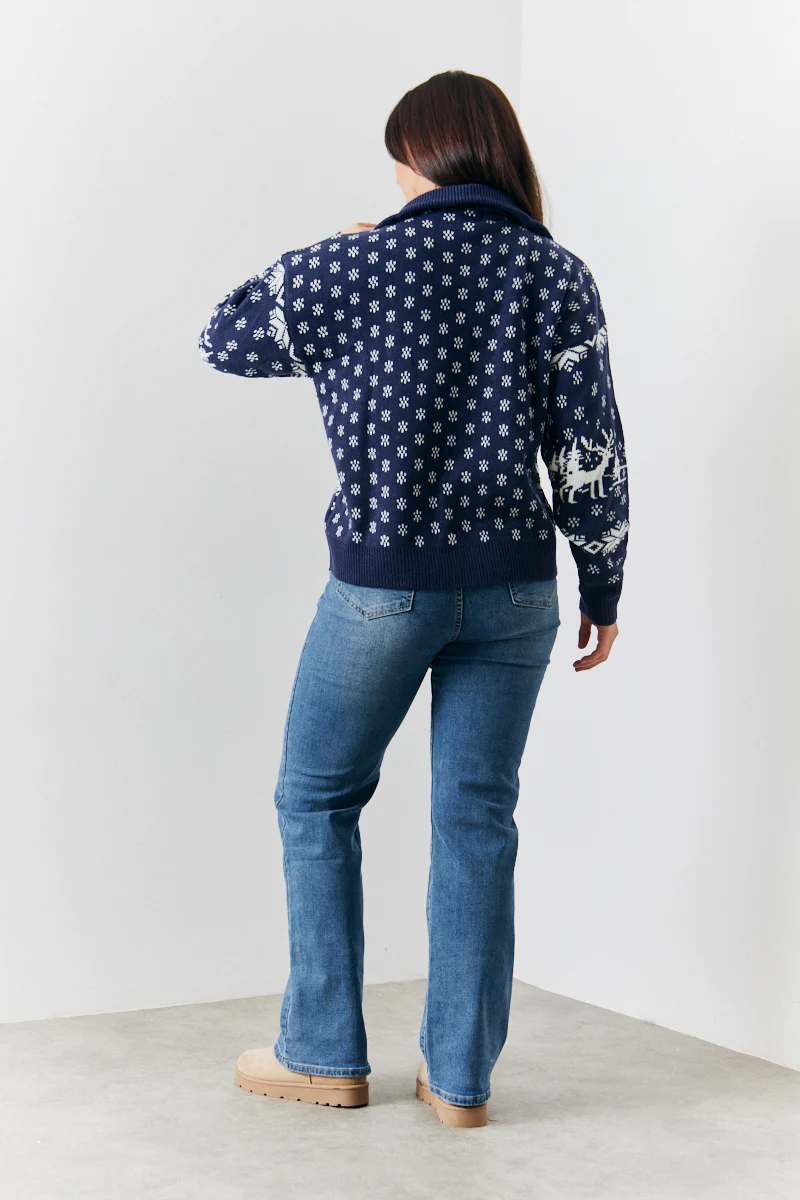 Half Zip Reindeer Fairisle Knitted Jumper - Image 3