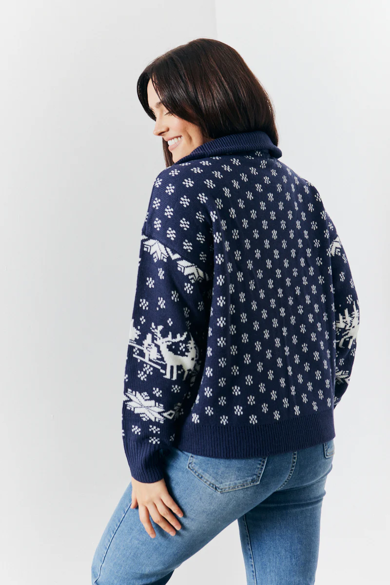 Half Zip Reindeer Fairisle Knitted Jumper - Image 4