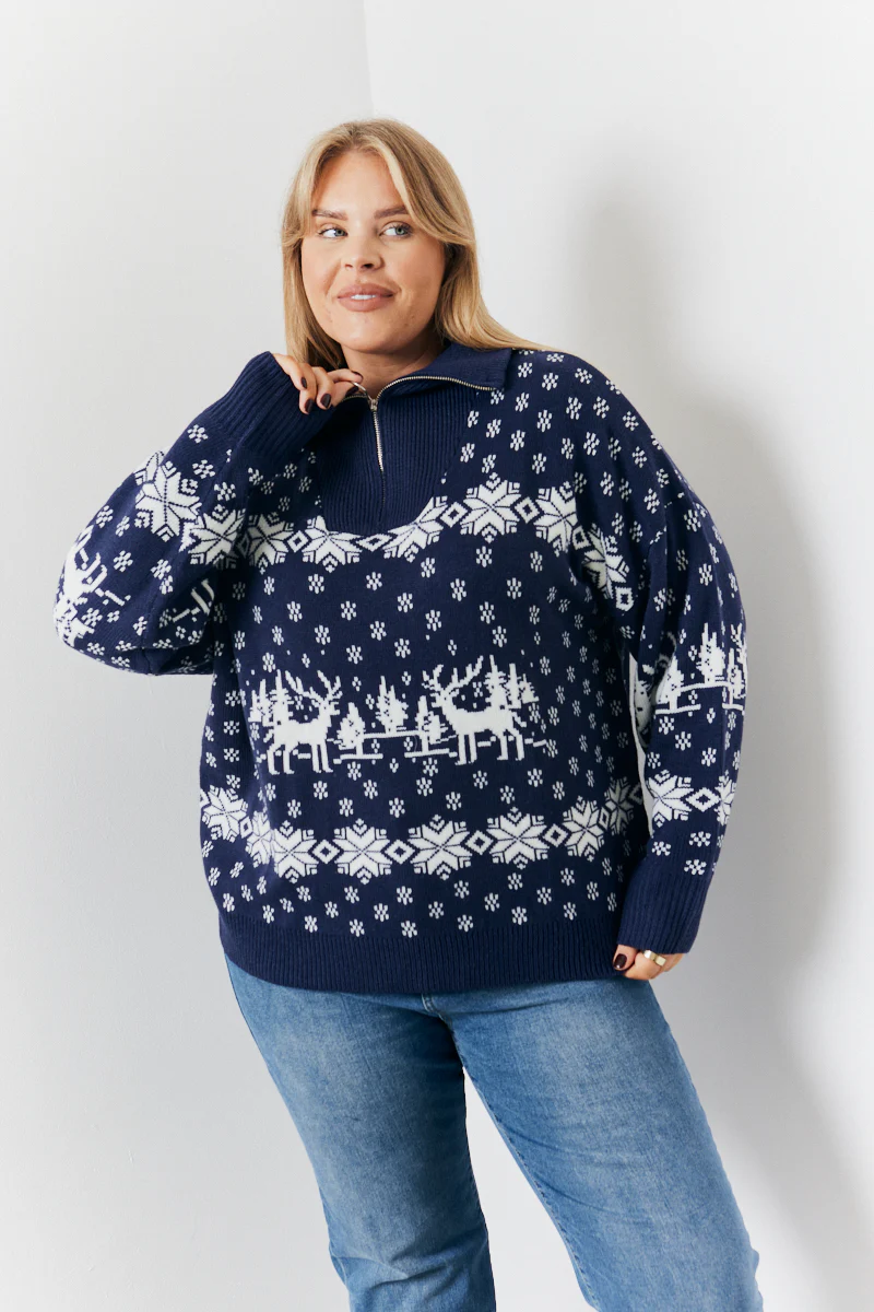 Half Zip Reindeer Fairisle Knitted Jumper - Image 7