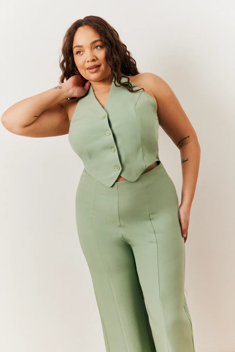 Sage Tailored Halterneck Waistcoat Wide Leg Jumpsuit - Image 2