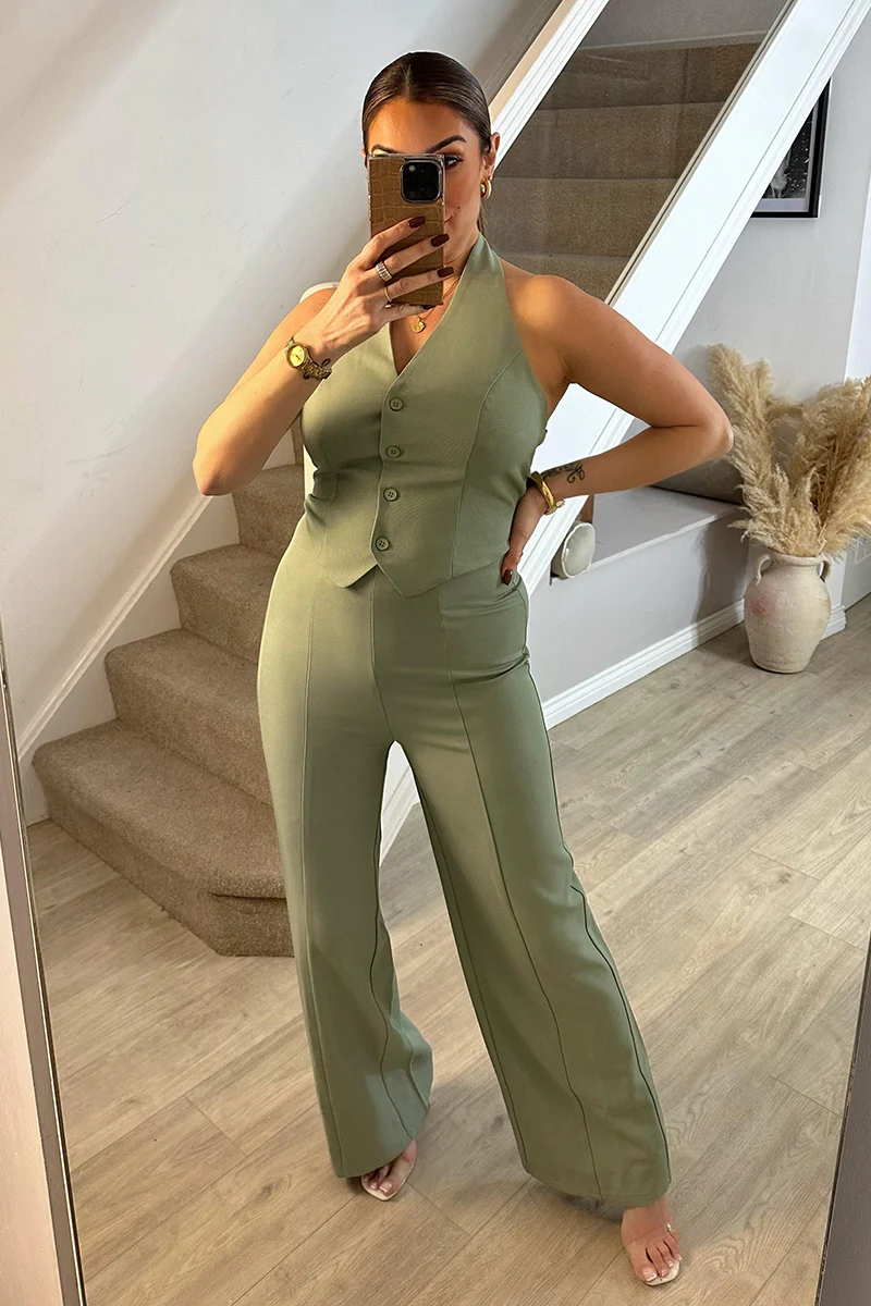 Sage Tailored Halterneck Waistcoat Wide Leg Jumpsuit - Image 5