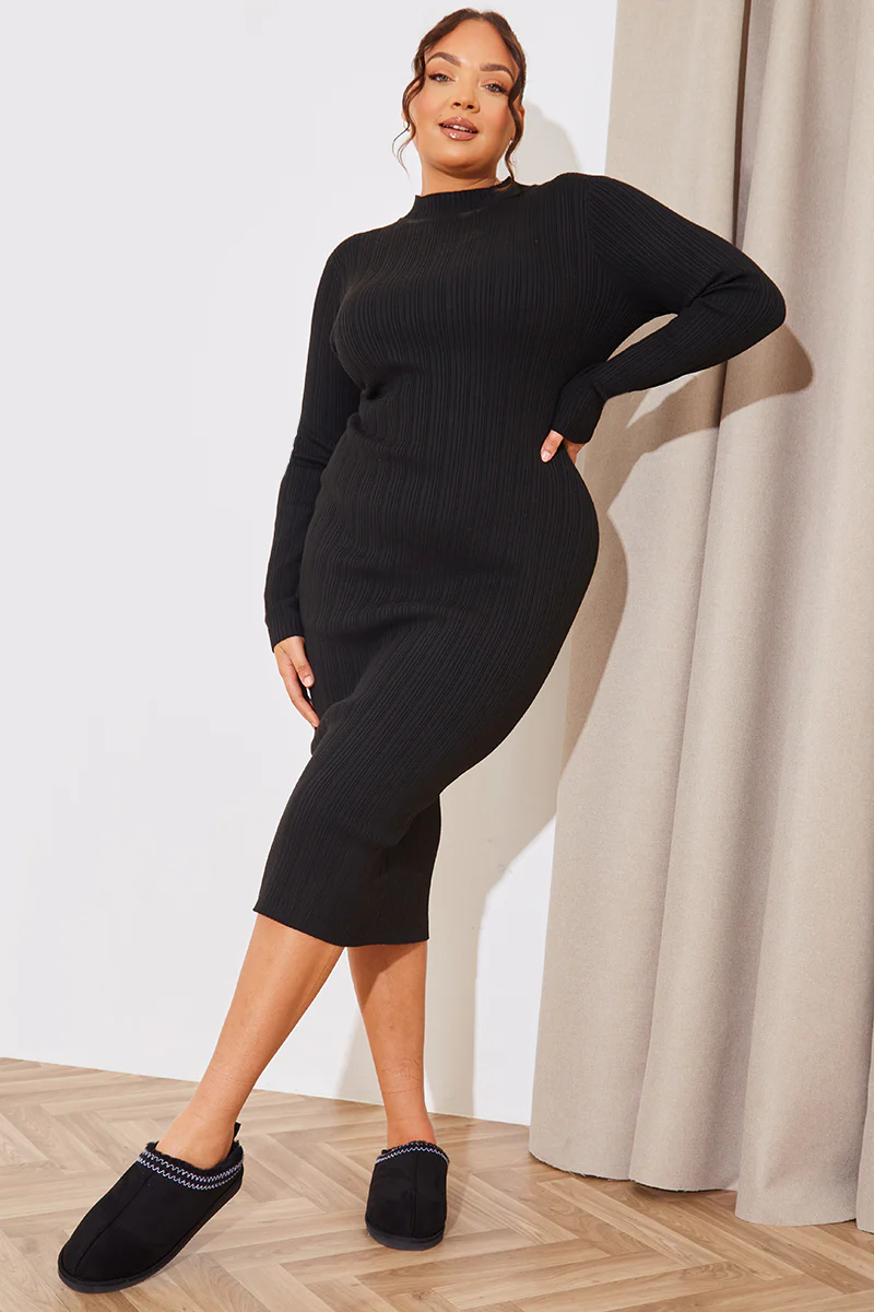 High Neck Variegated Rib Knit Midi Dress - Image 16