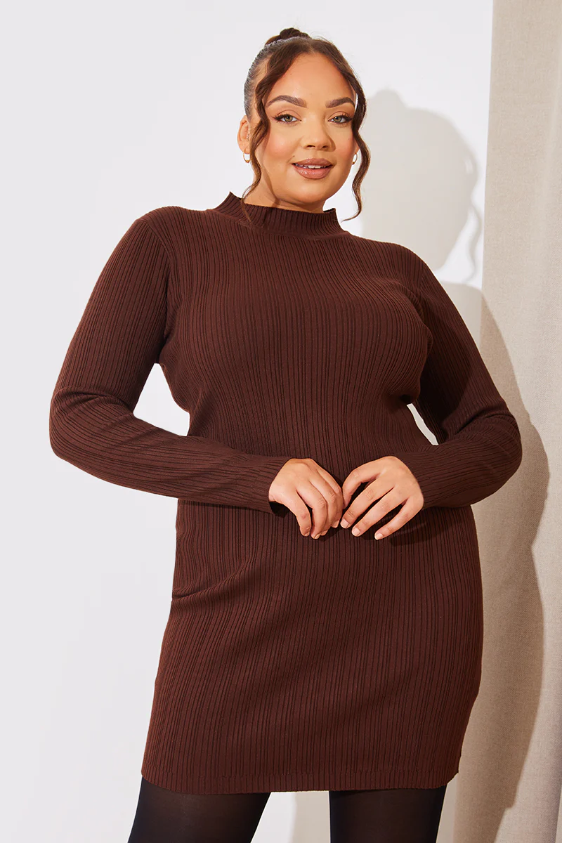 High Neck Variegated Rib Knit Mini Dress - Image 17
