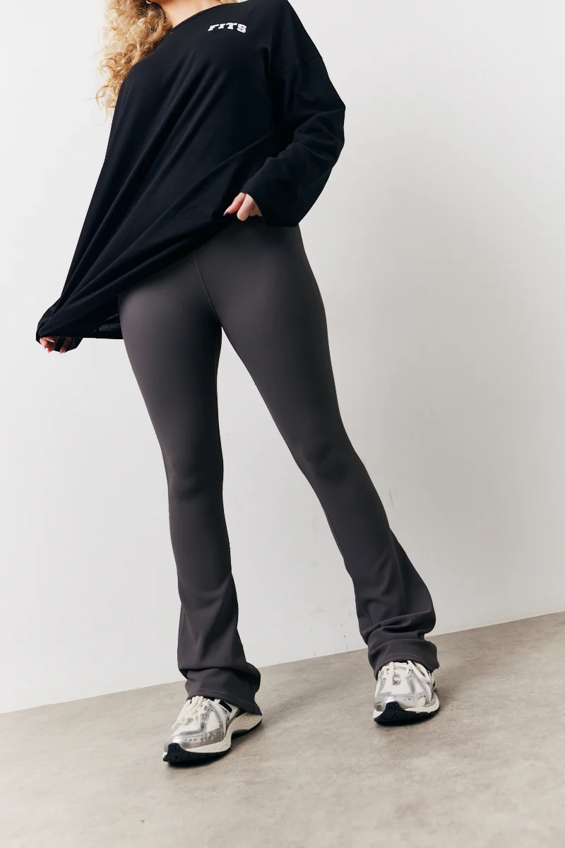 Charcoal High Waisted Sculpt and Control Kick Flare Ribbed Trouser - Image 4