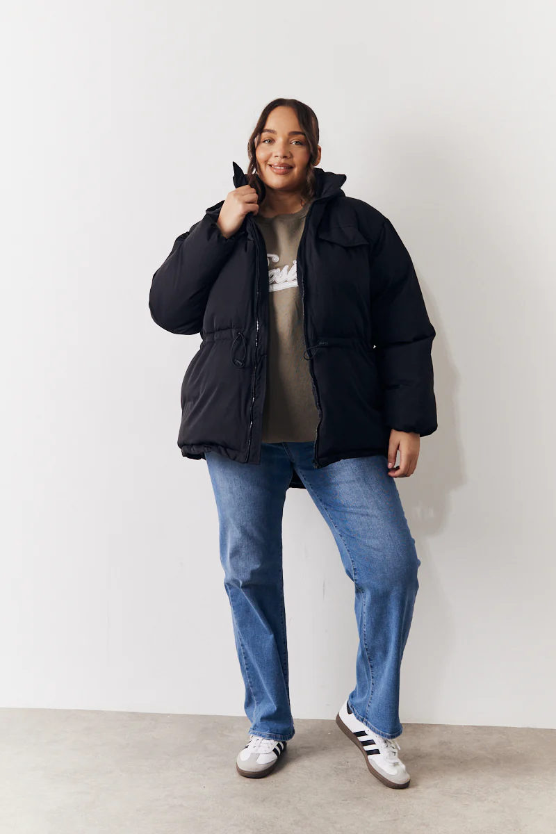 Hooded Drawstring Waist Puffer Coat - Image 2