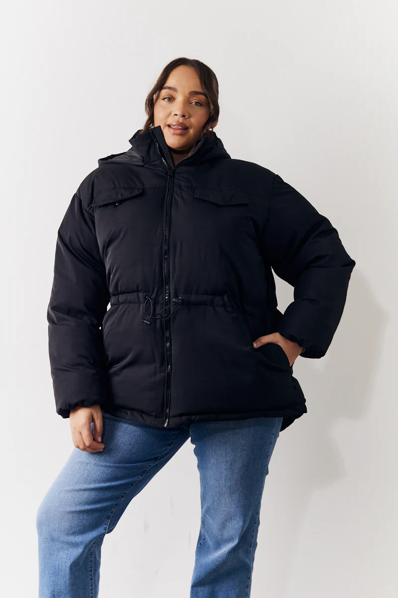 Hooded Drawstring Waist Puffer Coat - Image 3