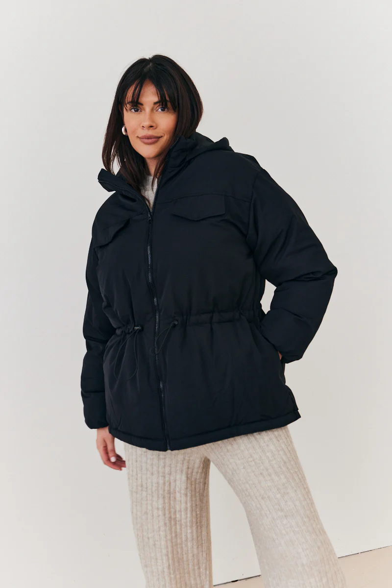 Hooded Drawstring Waist Puffer Coat - Image 6